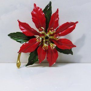 Weiss Poinsettia Brooch, Gold Plated Red Enamel, 1950s Vintage Jewelry